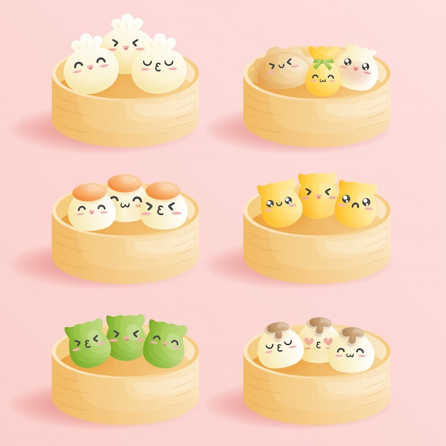 かわいい漫画点心 絵文字を笑顔で伝統的な中国の餃子 かわいいアジア料理のイラスト プレミアムベクター