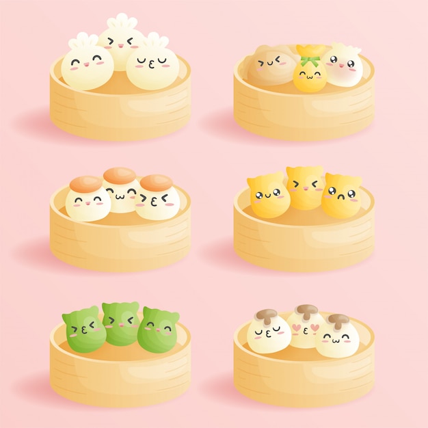 Cute cartoon Dim sum, traditional Chinese dumplings, with emoticon smiling faces. Cute Asian food  illustration.