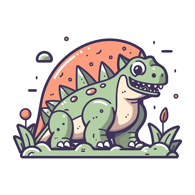 Милый мультфильм-динозавр в саду Цветная векторная иллюстрация