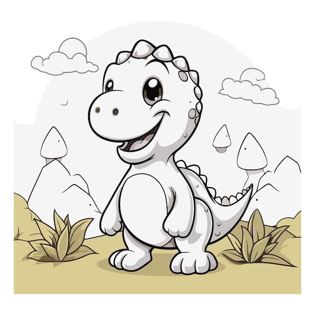 Vector cute cartoon dinosaur on the meadow for your design