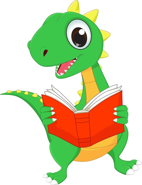 Vector cute cartoon dinosaur reading a book