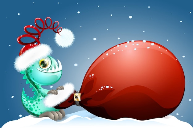 Cute cartoon dinosaur in Santa's hat with big Santa's bag on the snowy winter night background