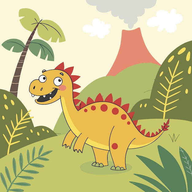 Cute Cartoon Dinosaur in a Volcanic Landscape