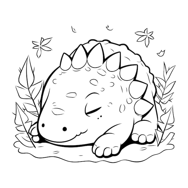 Vector cute cartoon dinosaur with flowers vector illustration for coloring book
