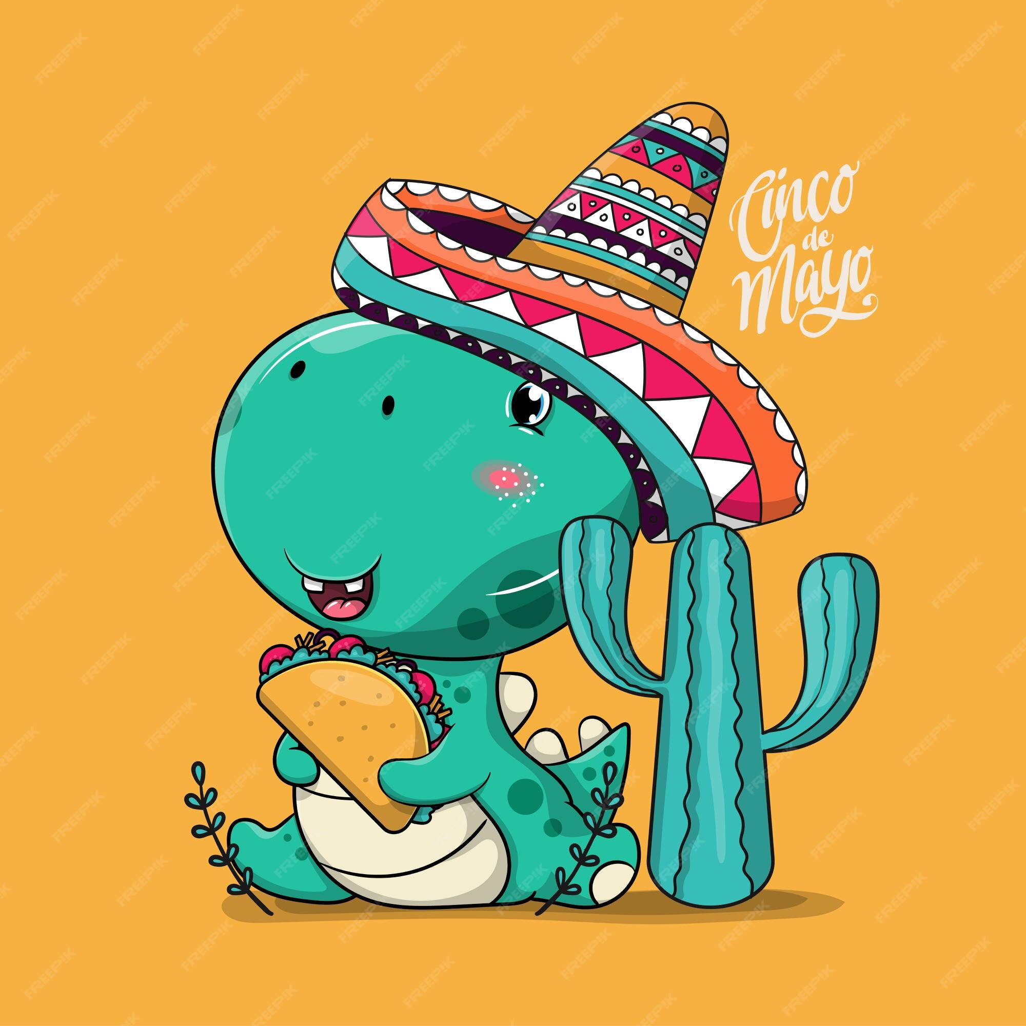 Premium Vector | Cute cartoon dinosaur with mexico hat and tacos . cinco de  mayo