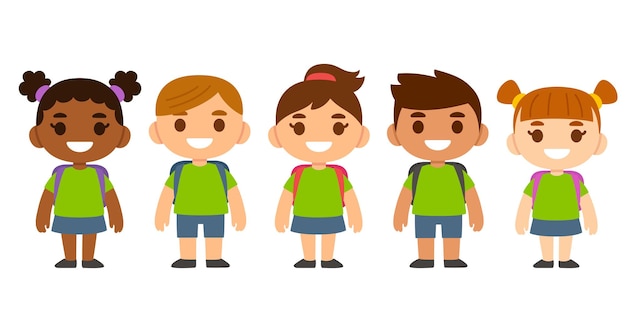 Cute cartoon diverse children wearing school uniform with backpacks