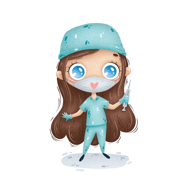 Cute cartoon doctor girl in green uniform with a medical mask and syringe