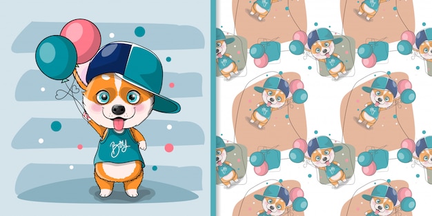 Cute cartoon dog corgi with balloons