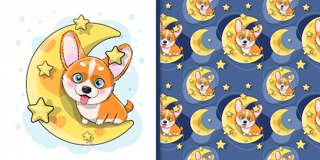 Cane carino corgi del fumetto con la luna e le stelle