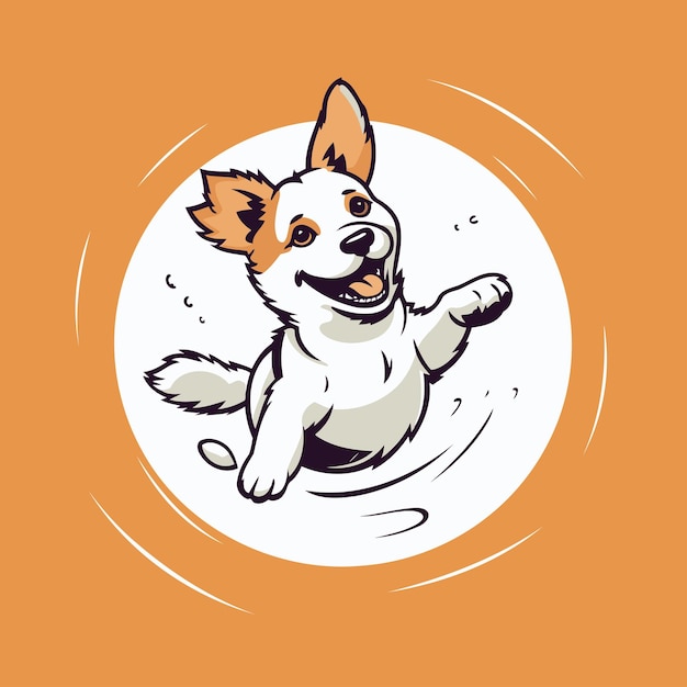 Vector cute cartoon dog jumping in the air vector illustration on orange background