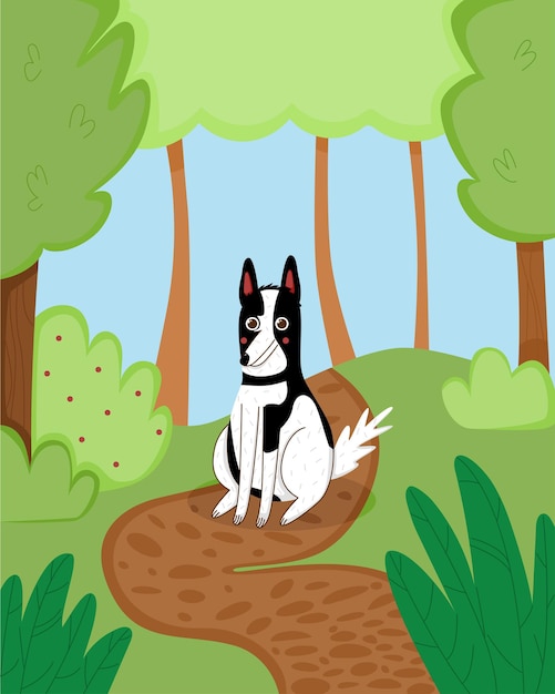 Vector cute cartoon dog in park. funny beautiful poster with pet on walk. nature leisure activity. vector illustration