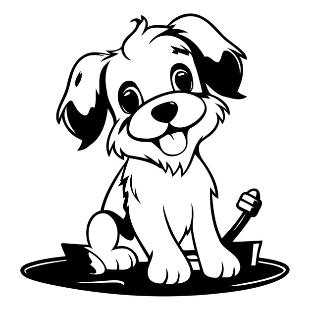 Vector cute cartoon dog sitting next to a bowl of food vector illustration