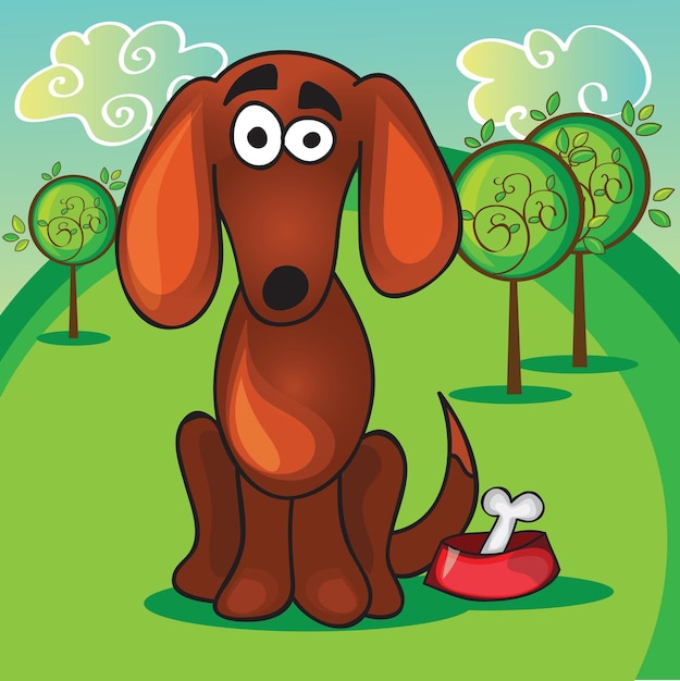 Cute cartoon dog with bone - Vector illustration