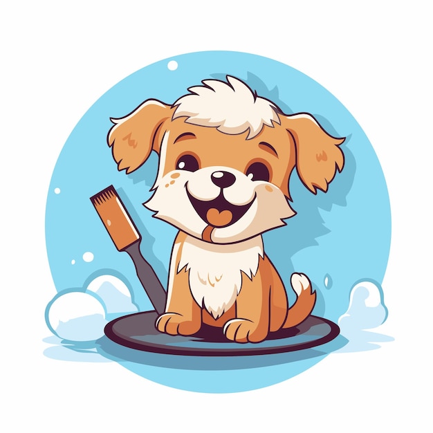 Cute cartoon dog with a brush on a plate Vector illustration