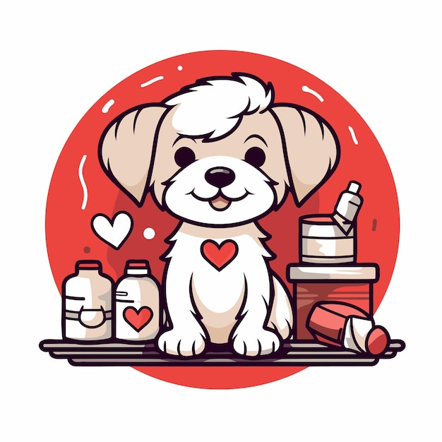 Cute cartoon dog with different food and medicine vector illustration