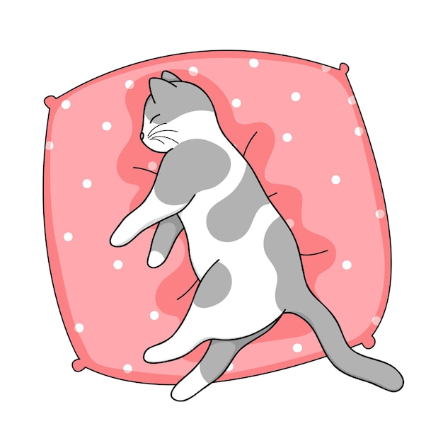 Cute cartoon domestic cat sleeping on a pillow isolated on white vector illustration animal icon