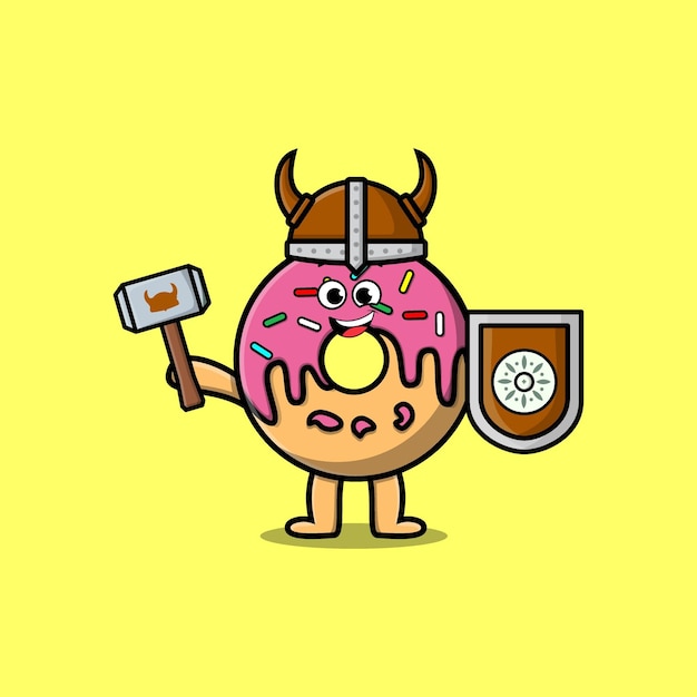 Vector cute cartoon donuts viking pirate holding hammer