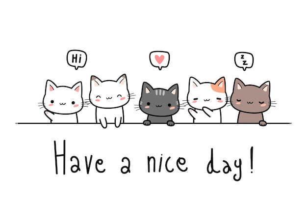 Cute cartoon doodle background with tiny cat greeting