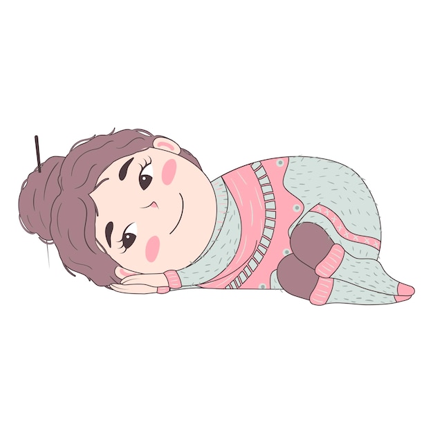 Cute cartoon doodle girl in a voluminous ugly hygge sweater with a bun on her head lies on her side