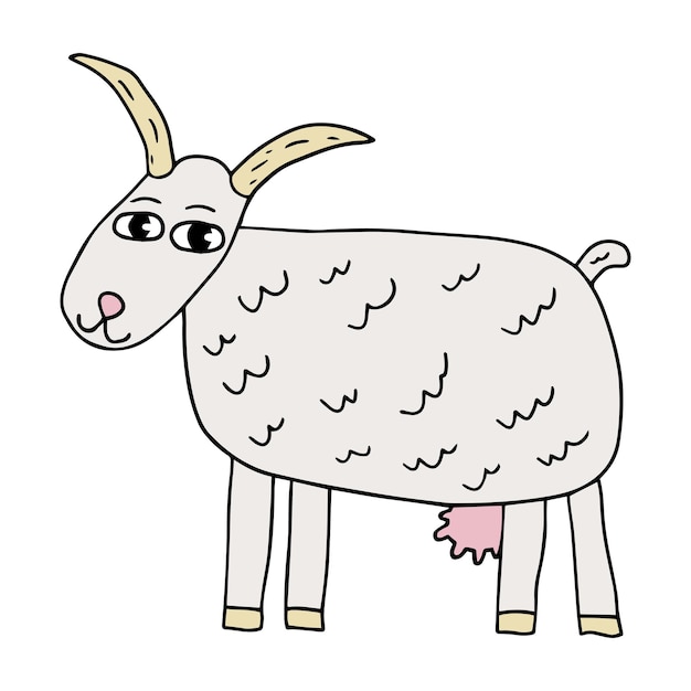 Cute cartoon doodle goat isolated on white background. Farm animal.