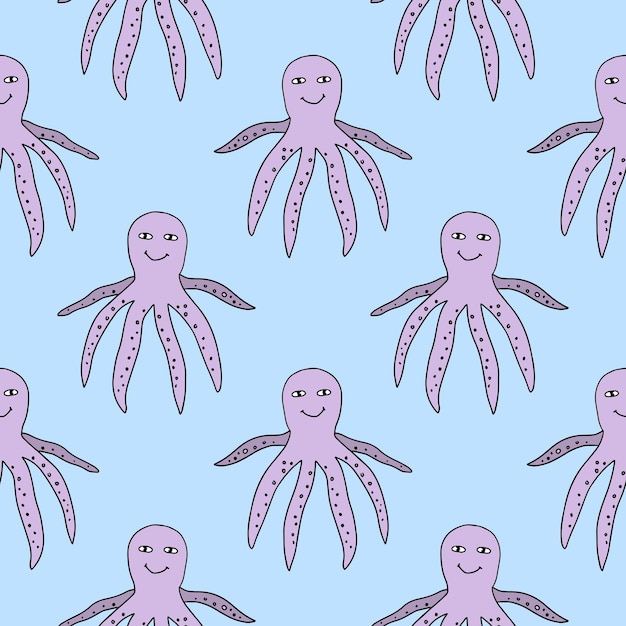 Cute cartoon doodle octopus seamless pattern. background with marine life, sea animals