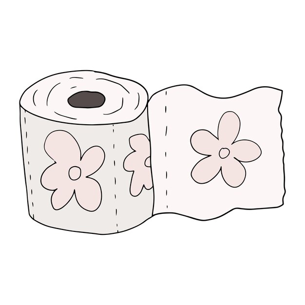 Cute cartoon doodle toilet paper with floral ornament isolated on white background.
