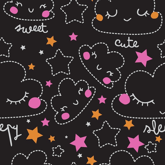 Cute cartoon doodle with stars seamless vector pattern isolated on black background