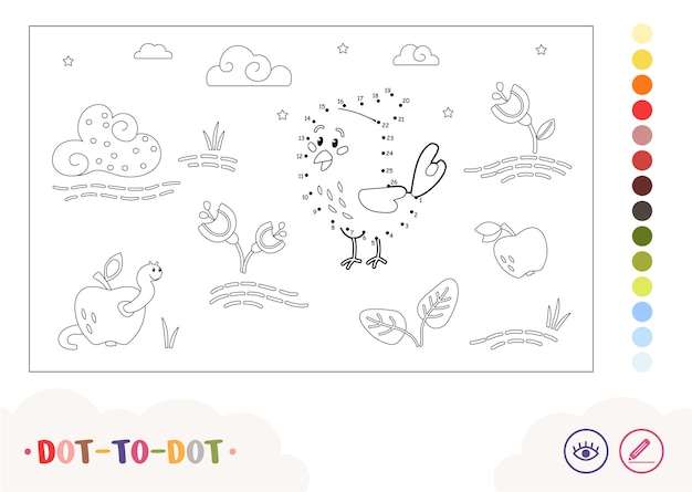 Vector cute cartoon dottodot blue bird with crest colorless contour image for youngest children