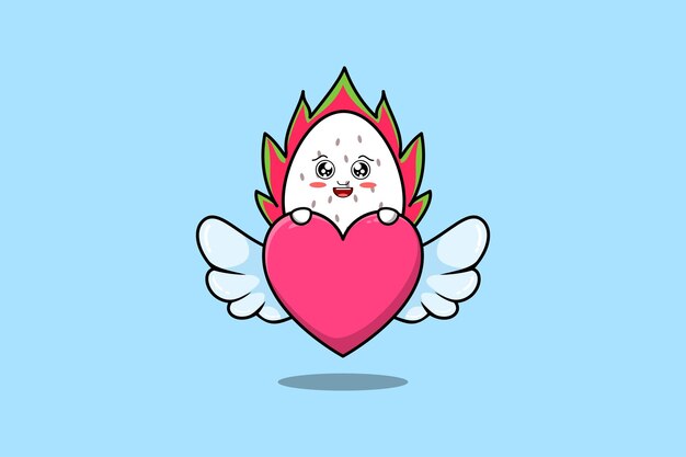 Vector cute cartoon dragon fruit character hiding heart