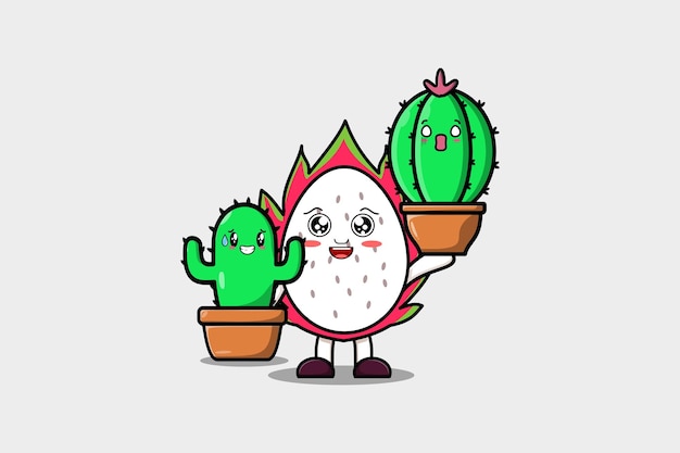 Vettore simpatico personaggio dei cartoni animati dragon fruit che tiene la pianta di cactus nell'illustrazione dell'icona del vettore del vaso