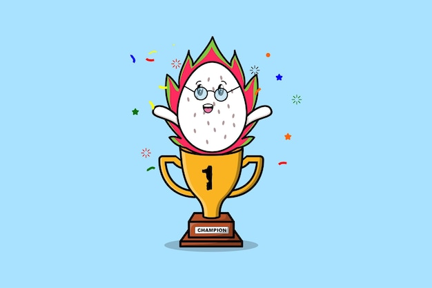 Cute cartoon Dragon fruit character in trophy in concept flat cartoon style in modern illustration