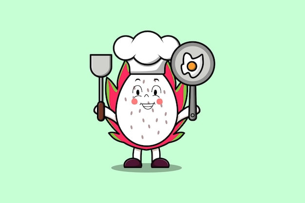 Simpatico personaggio dei cartoni animati dragon fruit chef che tiene padella e spatola in un'illustrazione piatta in stile cartone animato