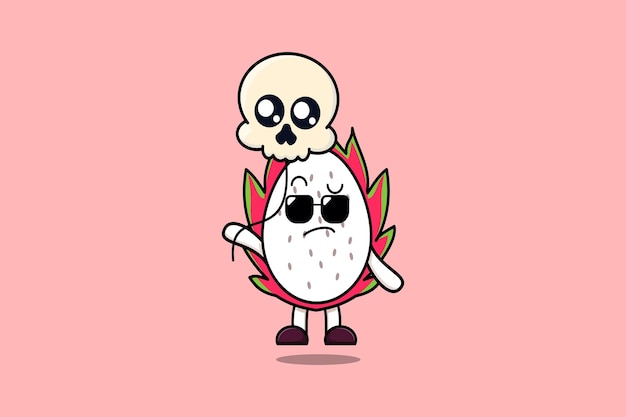 Cute cartoon Dragon fruit floating with skull