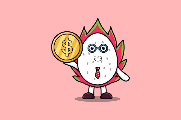 Cute cartoon Dragon fruit successful businessman holding gold coin illustration