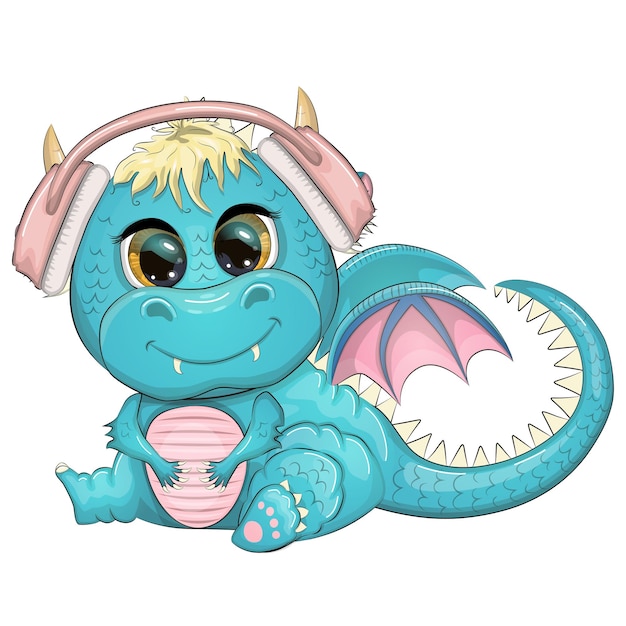 Cute cartoon dragon in headphones listens to music symbol of 2024 according to the chinese calendar