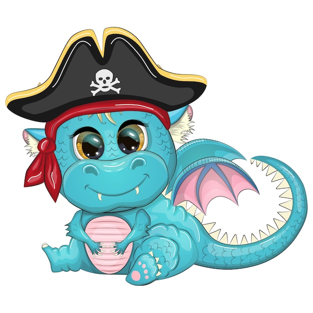 Cute cartoon dragon pirate in a cocked hat Symbol of 2024 according to the Chinese calendar