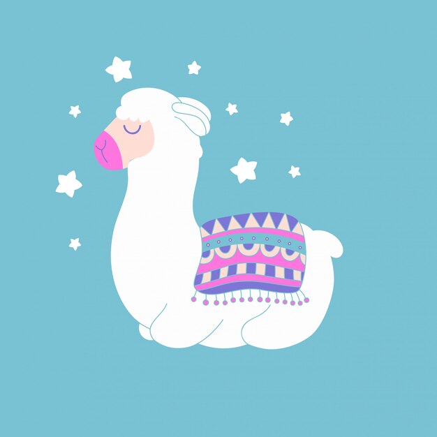 Cute cartoon dreaming llama drawing, vector animal illustration.