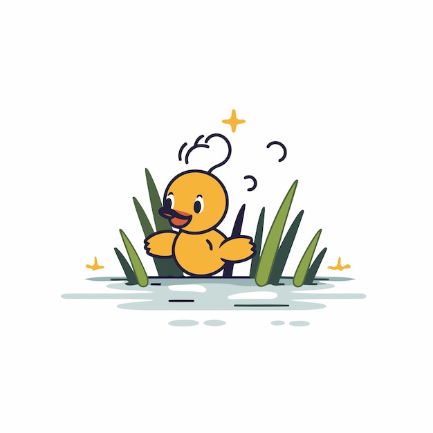 Vector cute cartoon duckling sitting in the grass vector illustration