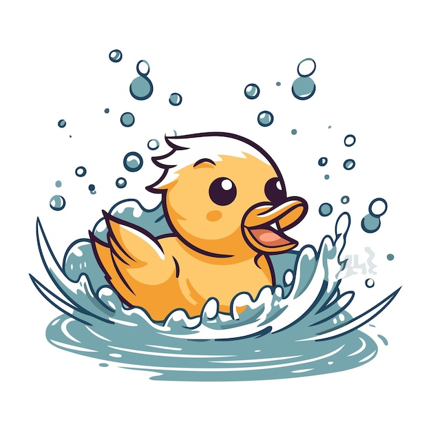 Милая мультфильмная утка плавает в море Векторная иллюстрация