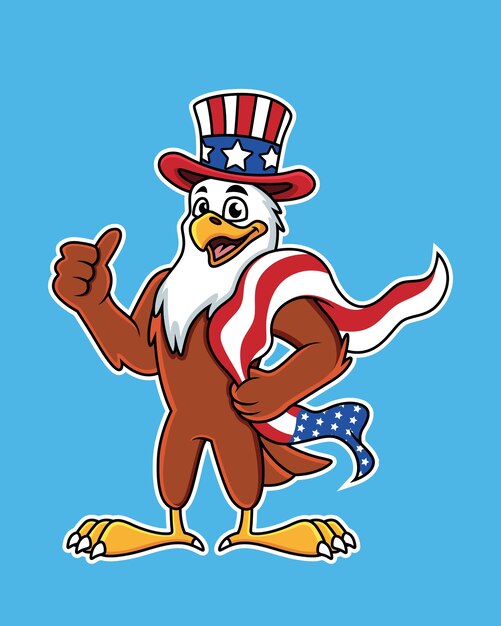 Симпатичный мультяшный орел с американской головой и флагом.