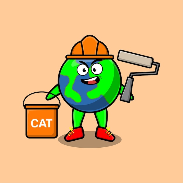 Cute cartoon earth as a builder character painting in 3d modern style design