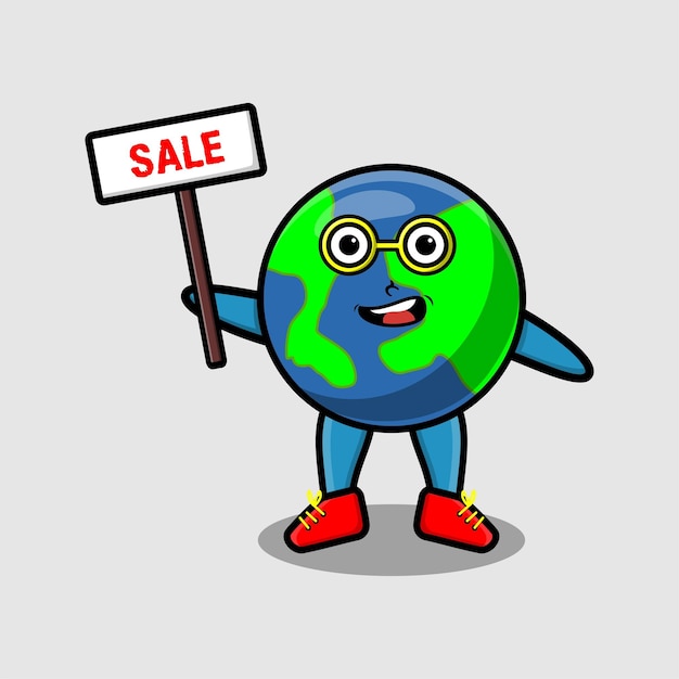 Cute cartoon earth character holding sale sign designs in concept 3d cartoon style