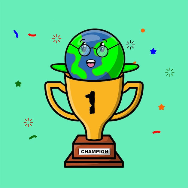 Cute cartoon earth character in trophy in concept 3d cartoon style