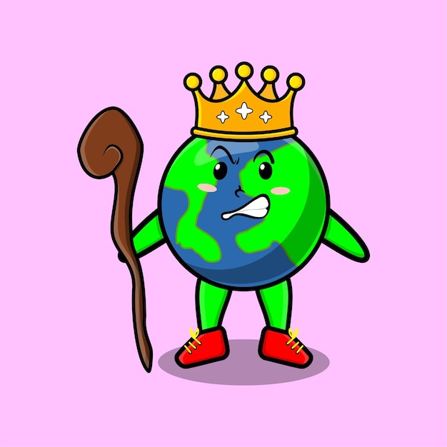 Cute cartoon earth mascot as wise king with golden crown and wooden stick cute modern style design