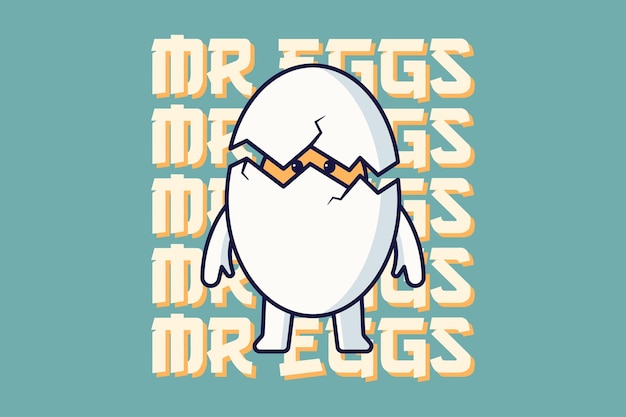 Cute cartoon egg character with broken eggshell text vector illustration