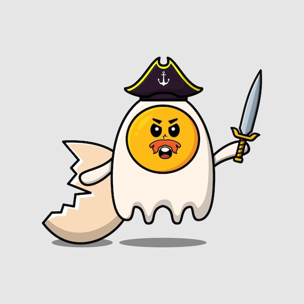 Cute cartoon egg pirate with hat and holding sword