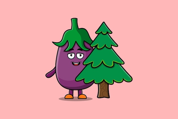 Simpatico personaggio dei cartoni animati di melanzane che nasconde l'albero in un design moderno e piatto in uno stile moderno