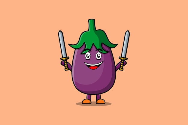 Cute cartoon Eggplant character holding two sword