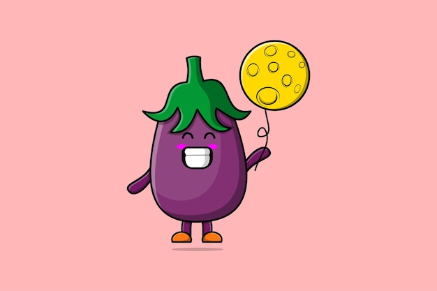 Cute cartoon Eggplant floating with moon balloon cartoon vector illustration