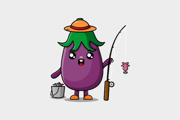 Cute cartoon Eggplant ready fishing character illustration wearing fishing equipment